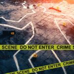 Crime scene with chalk outline and evidence markers.