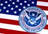 U.S. Immigration and Customs Enforcement emblem on American flag.