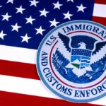 U.S. Immigration and Customs Enforcement emblem on American flag.