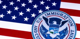 U.S. Immigration and Customs Enforcement emblem on American flag.