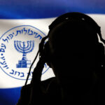 Silhouette with headphones against Israeli Mossad flag background.