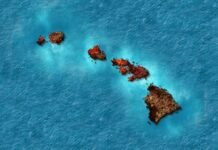 Aerial view of the Hawaiian Islands in blue ocean.