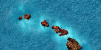 Aerial view of the Hawaiian Islands in blue ocean.