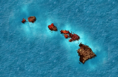 Aerial view of the Hawaiian Islands in blue ocean.