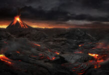 Erupting volcano with flowing lava under dark, stormy sky.