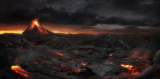 Erupting volcano with flowing lava under dark, stormy sky.