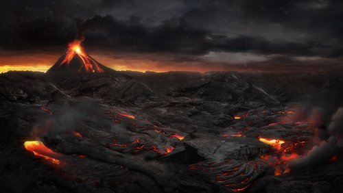 Erupting volcano with flowing lava under dark, stormy sky.