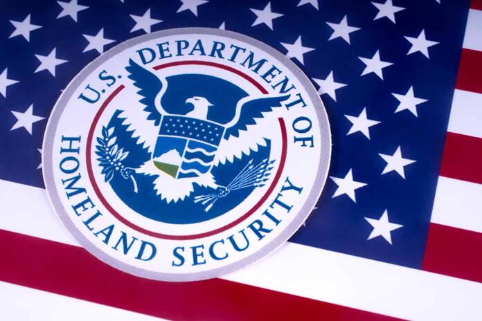 US Homeland Security emblem over American flag