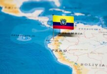 Flag of Ecuador on map near Peru.