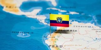 Flag of Ecuador on map near Peru.