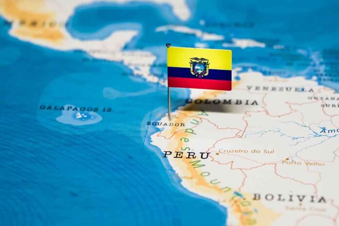 Flag of Ecuador on map near Peru.