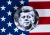 Button with John F. Kennedy on American flag background.