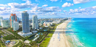 Aerial view of Miami Beach, hotels, and ocean.