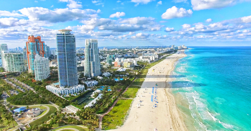 Aerial view of Miami Beach, hotels, and ocean.