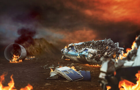 Burning airplane wreckage scattered across a desolate landscape.