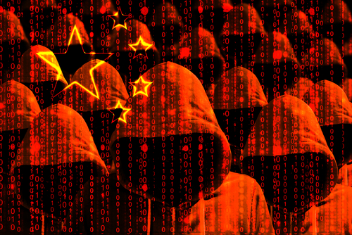 Men in hoodies behind binary code and Chinese flag.