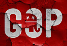 GOP logo with elephant on cracked red surface.