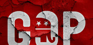 GOP logo with elephant on cracked red surface.