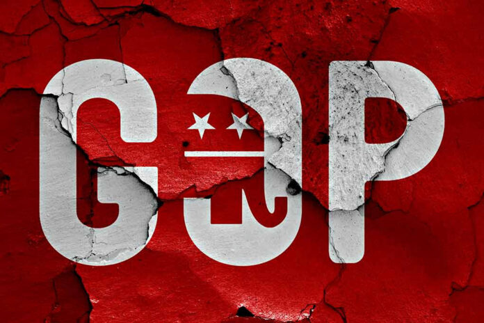 371190080 GOP logo with elephant on cracked red surface.
