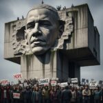 Record-Breaking Fee: Obama Museum Costs HOW MUCH? A large monument featuring a carved face and a crowd holding protest signs