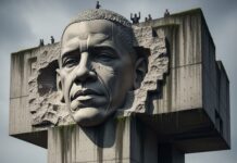 A large monument featuring a carved face and a crowd holding protest signs