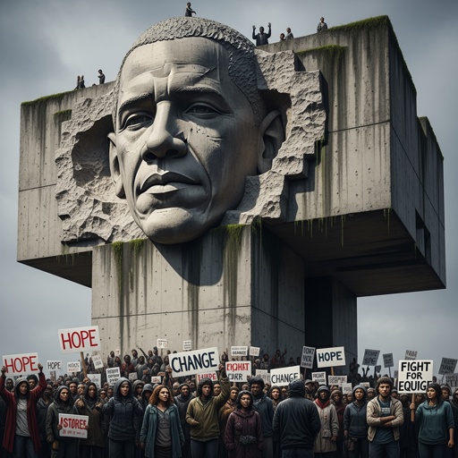 obama.jpg A large monument featuring a carved face and a crowd holding protest signs