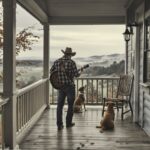 Radio BANNED These Country Songs—They Hit #1 Anyway… A man playing guitar on a porch with two dogs watching the view