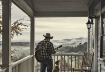 A man playing guitar on a porch with two dogs watching the view
