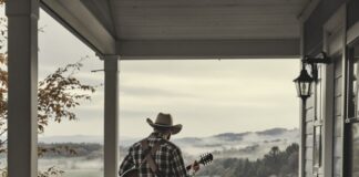 A man playing guitar on a porch with two dogs watching the view