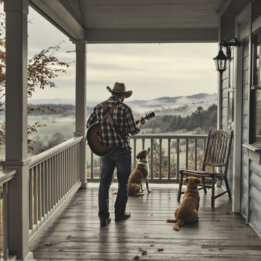 A man playing guitar on a porch with two dogs watching the view