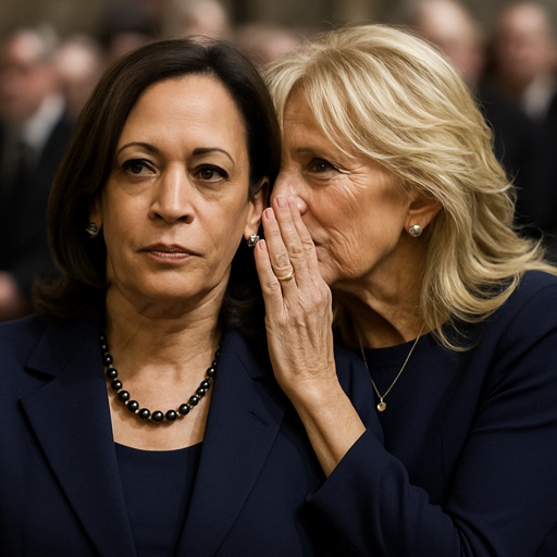 shutterstock_2704898431.jpg Kamala Harris and Jill Biden engaged in a whispering conversation at a formal event