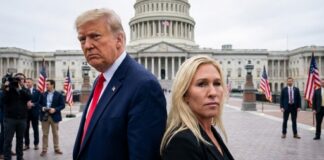 Two political figures standing in front of the Capitol building with flags in the background