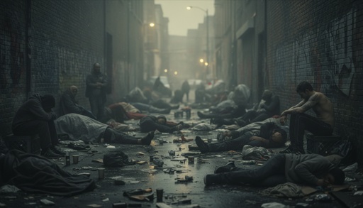 shutterstock_2717047135.jpg A dimly lit alleyway filled with people lying on the ground amidst trash