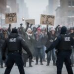 Protesters holding signs against ICE in a snowy urban setting