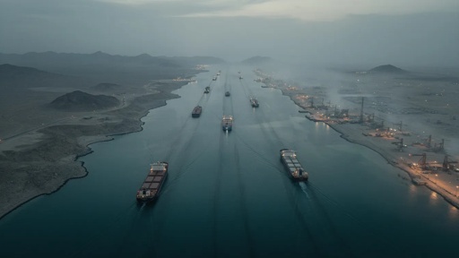 Aerial view of cargo ships navigating a shipping channel