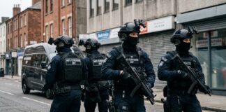 Armed anti-terrorism police unit in an urban setting