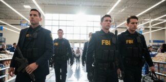 FBI agents in tactical gear walking through a supermarket
