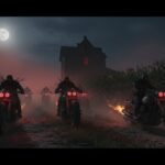 Motorcycle riders traveling through a cornfield at night under a full moon
