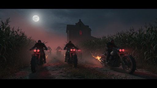 Motorcycle riders traveling through a cornfield at night under a full moon