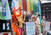 People celebrating at Pride parade, holding signs and flags.