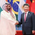 Ceasefire at RISK: Trump’s Move Could Shatter Peace Saudi Crown Prince and Xi Jinping shaking hands, flags behind.