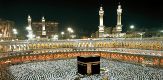 Aerial view of the Kaaba surrounded by a large crowd of worshippers at night