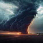 A dramatic twisting cloud formation at sunset over a road