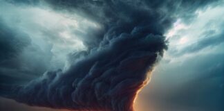 A dramatic twisting cloud formation at sunset over a road