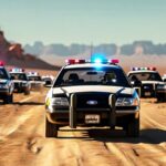 A convoy of police cars driving through a desert area with flashing lights