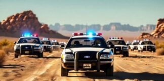 A convoy of police cars driving through a desert area with flashing lights