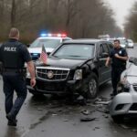 Police officers at the scene of a car accident with emergency lights flashing