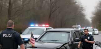 Police officers at the scene of a car accident with emergency lights flashing