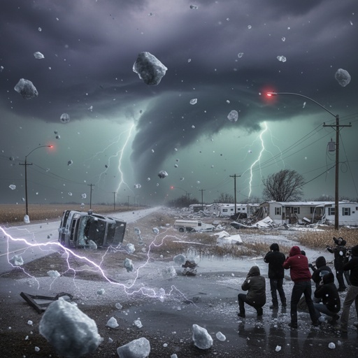 A tornado with lightning strikes and debris in a stormy landscape
