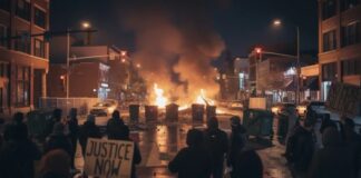 Protesters marching in a street with signs, flames visible in the background